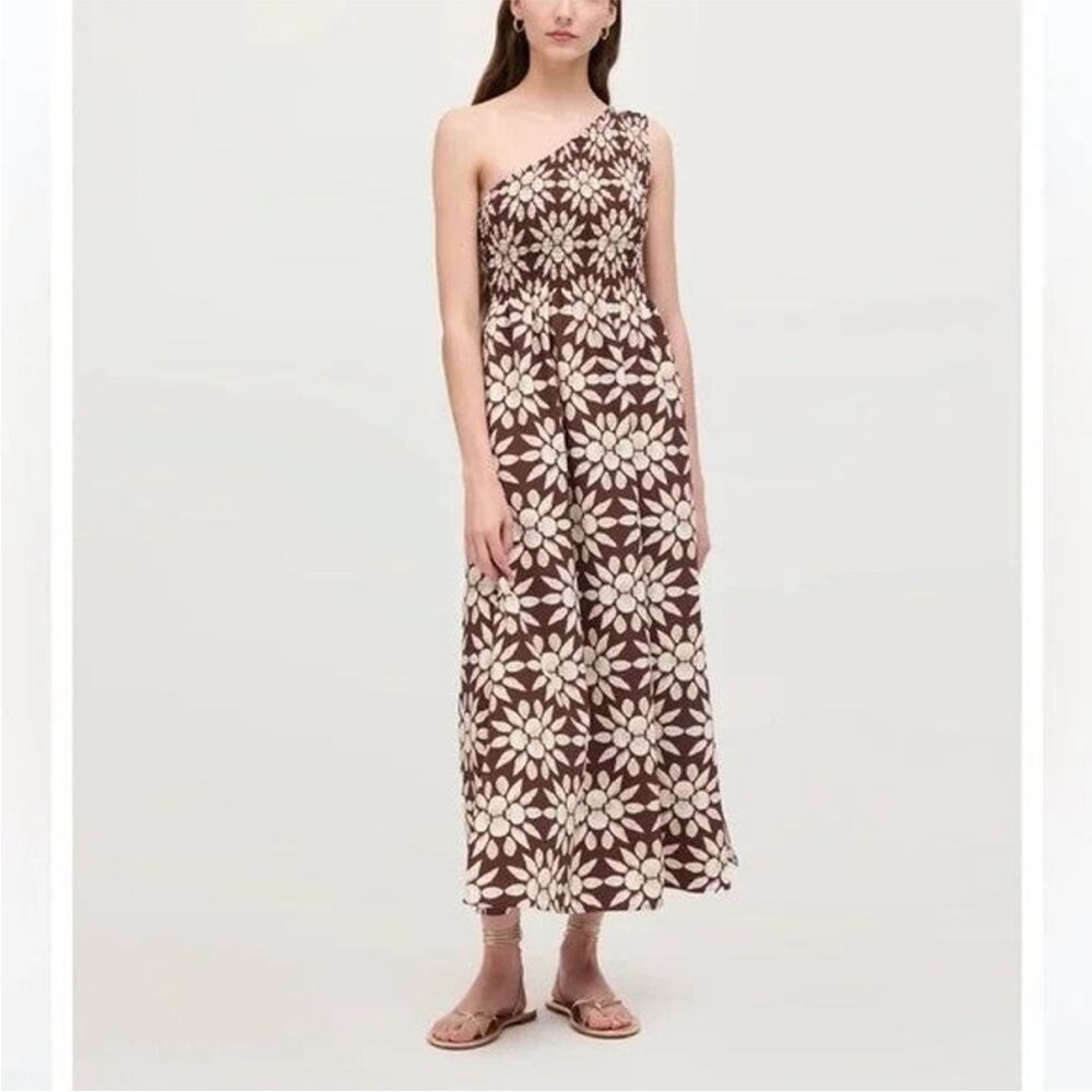 Hill House One-Shoulder Floral Dress in Brown and Cream
